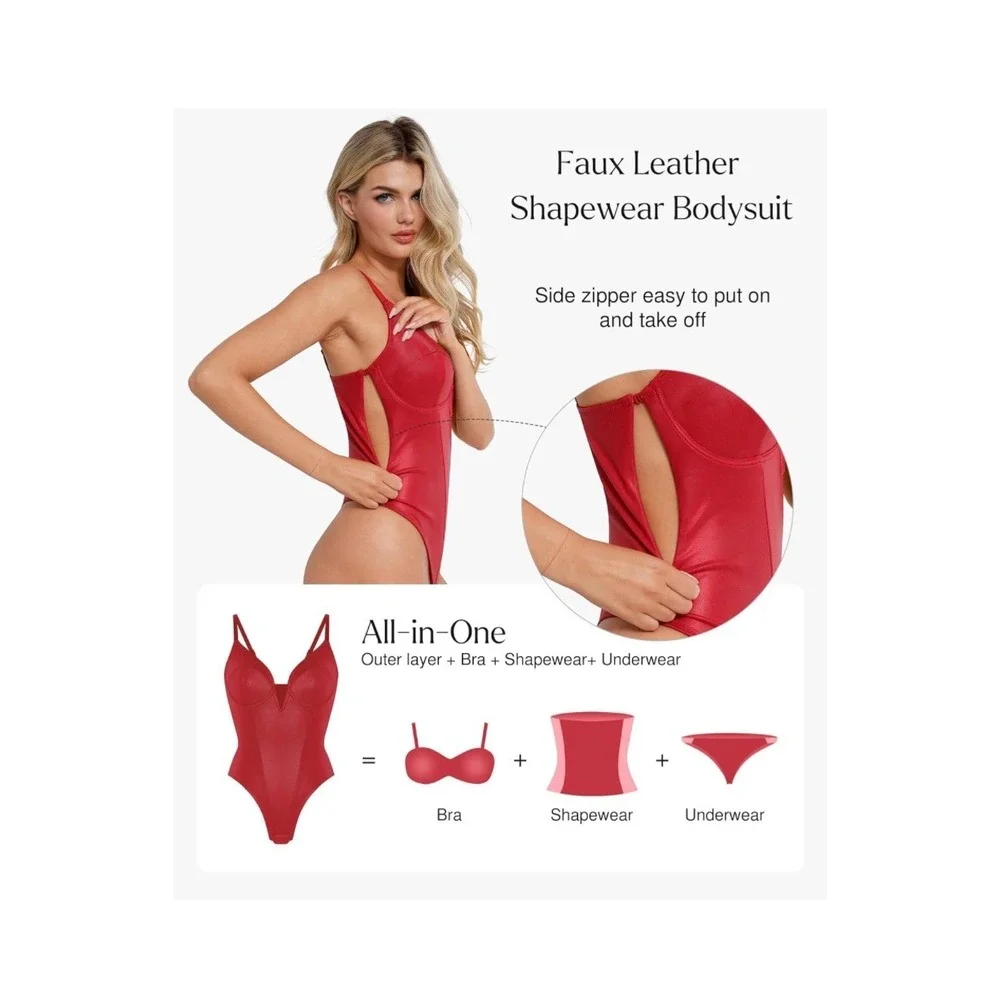 NWT Popilush Red Faux Leather Corset Shapewear Bodysuit Underwire V-Neck Medium‎